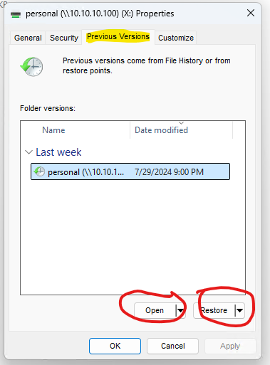Switch to Previous Versions Tab